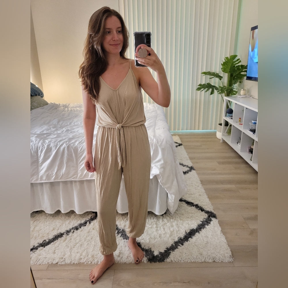 Jolie Tan Jumpsuit with V-Neck and Tie Cinched Waist